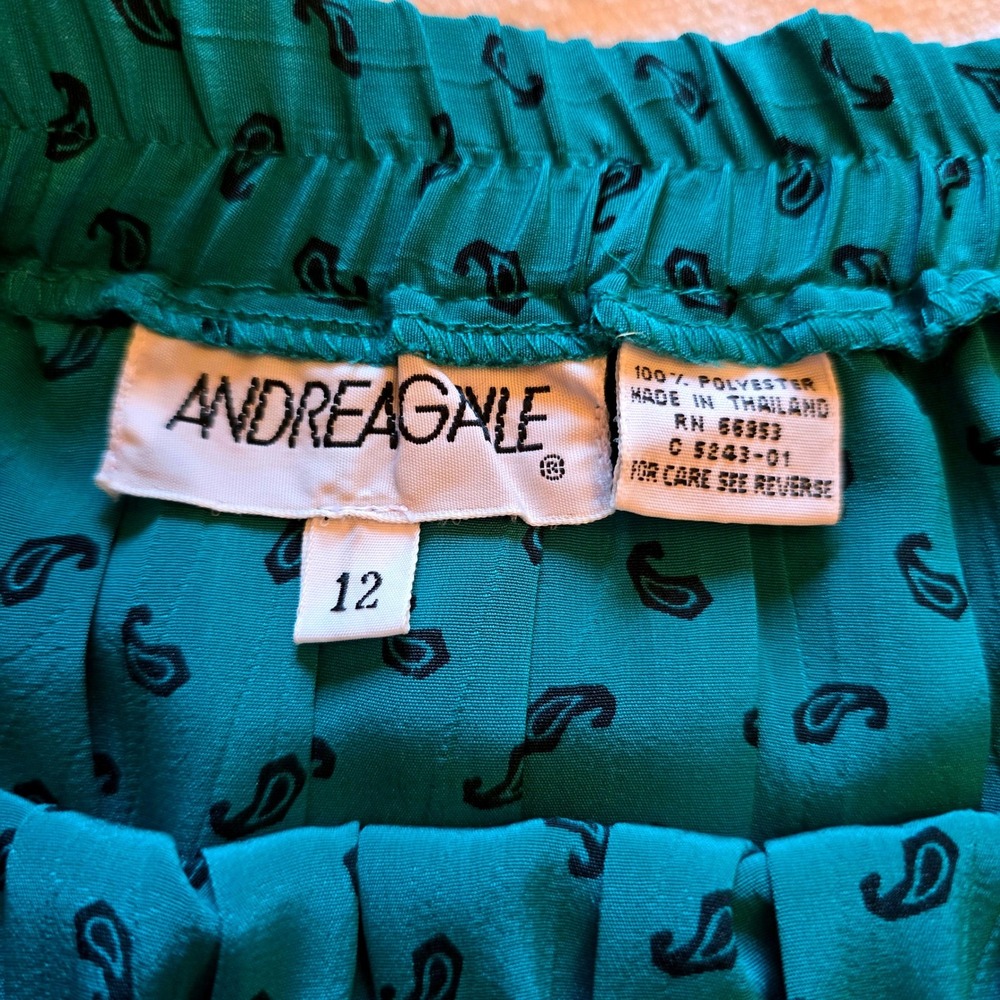 Vintage 80s Andrea Gayle Teal Paisley Pleated Skirt Set Blouse 2pc Suit Size 12 - Picture 6 of 16